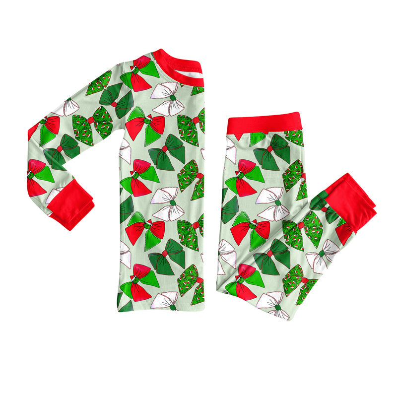 Long sleeves green face bows kids girls Christmas pajamas