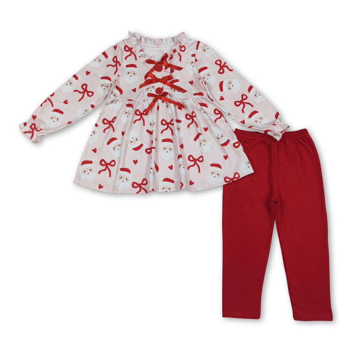 Red heart bow santa tunic leggings girls Christmas set