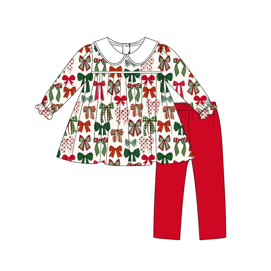 Green red bows tunic leggings girls Christmas clothes