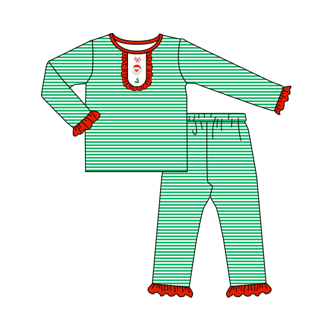 Green stripe santa kids girls Christmas pajamas