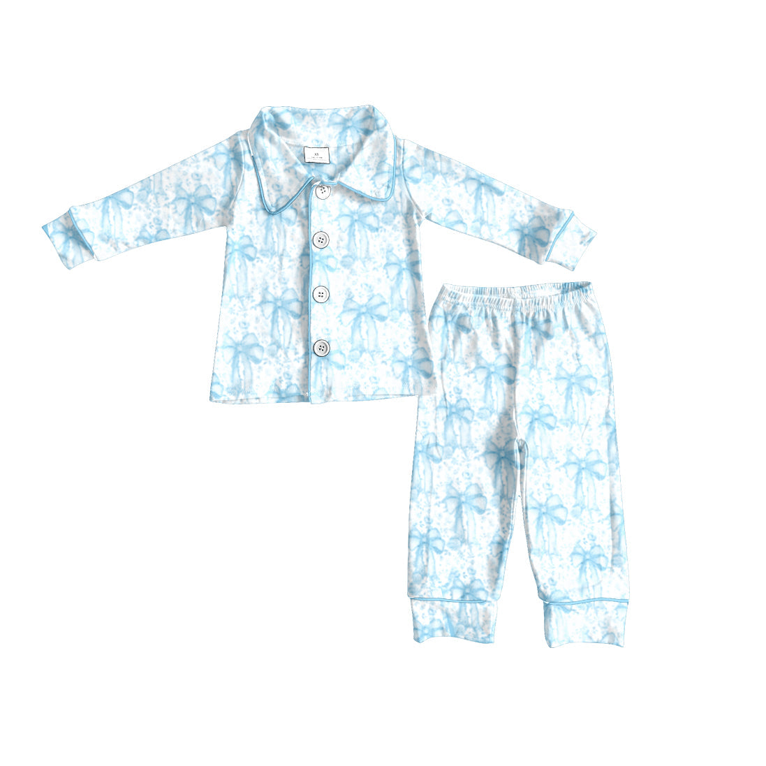 Long sleeves light blue bow kids girls button down pajamas