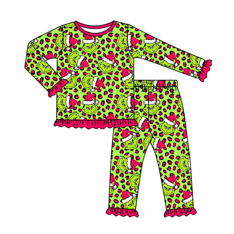 Long sleeves leopard green face kids girls Christmas pajamas