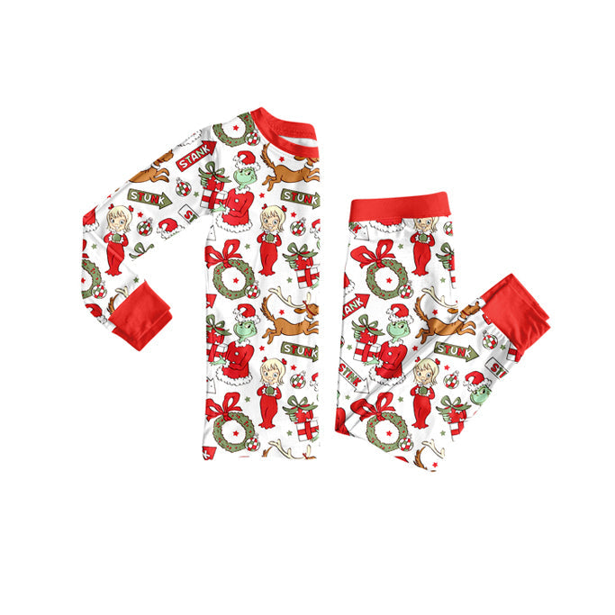 Red long sleeves green face kids girls Christmas pajamas