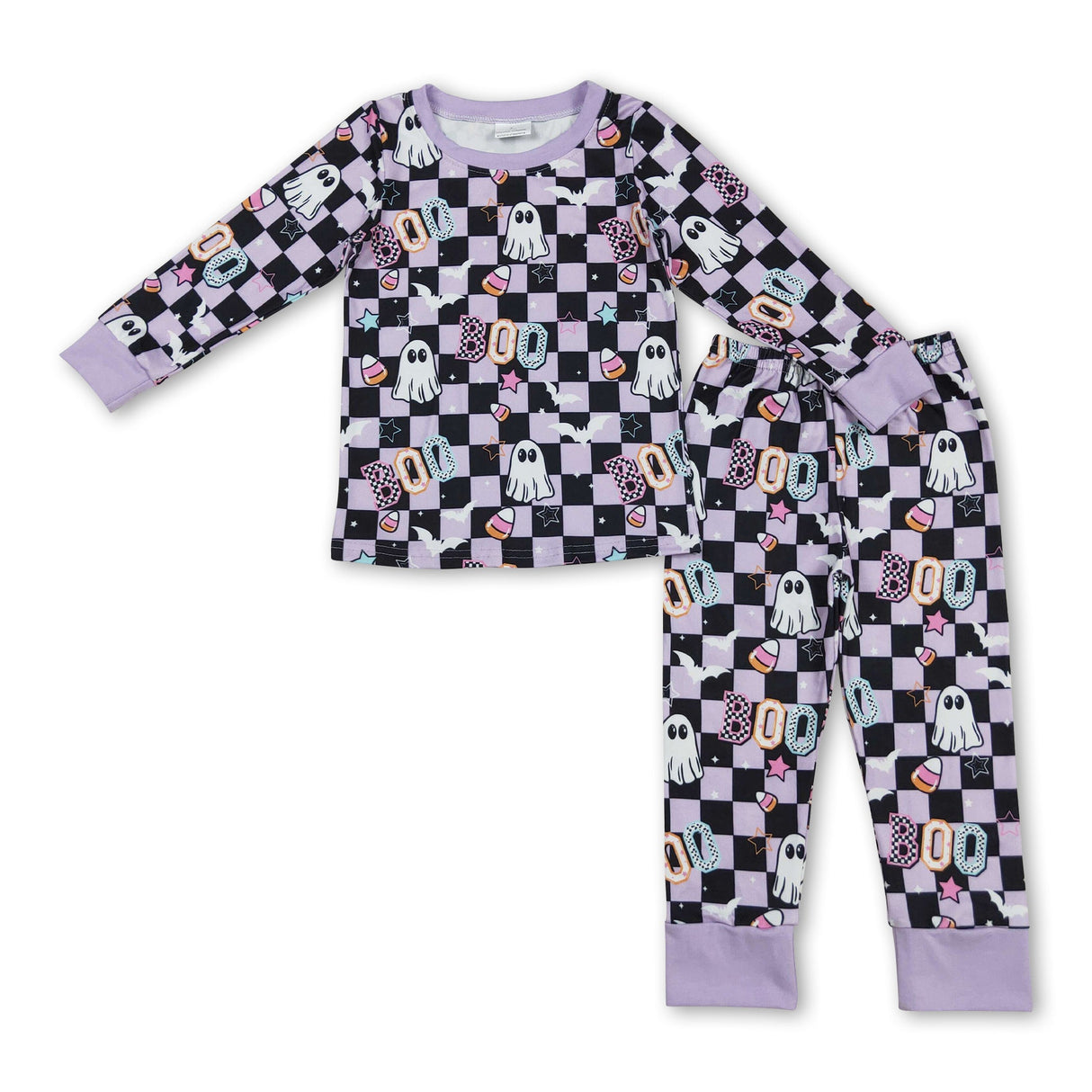Lavender plaid ghost bow bat baby girls Halloween pajamas