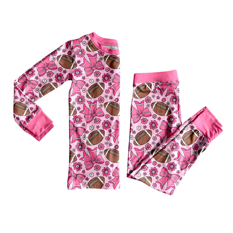 Pink long sleeves floral bow football girls pajamas