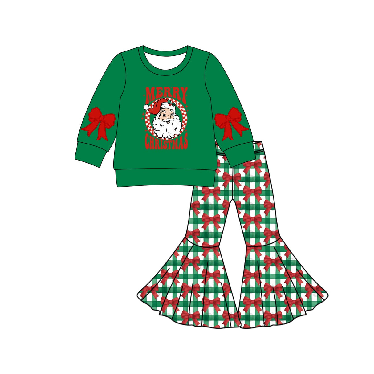 Merry Christmas santa bow top plaid pants girls clothes