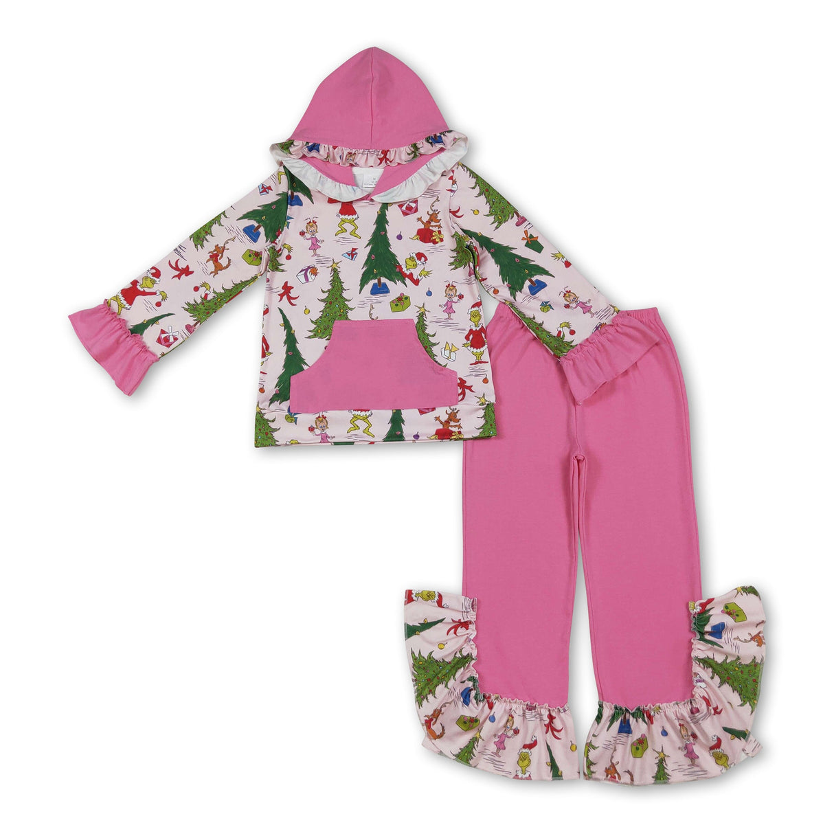 Christmas tree green face hoodie pants girls clothing set