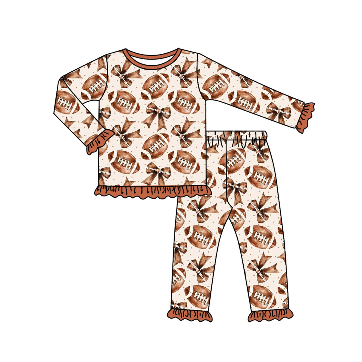 Long sleeves ruffle football bow baby girls pajamas