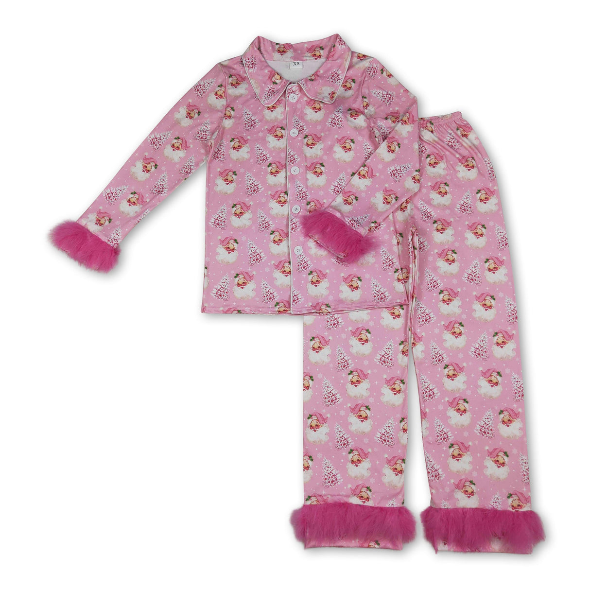 Christmas tree santa fur adult women button down pajamas