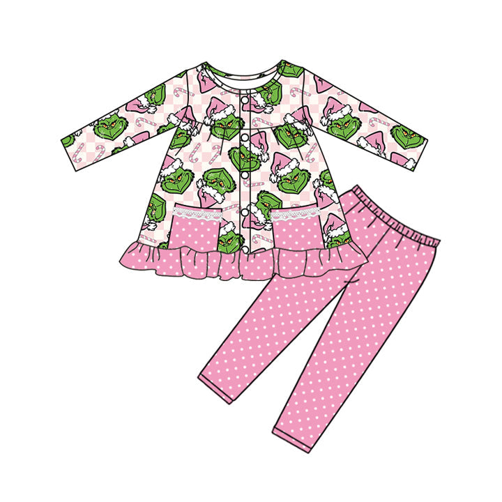 Green face candy cane tunic leggings girls Christmas set