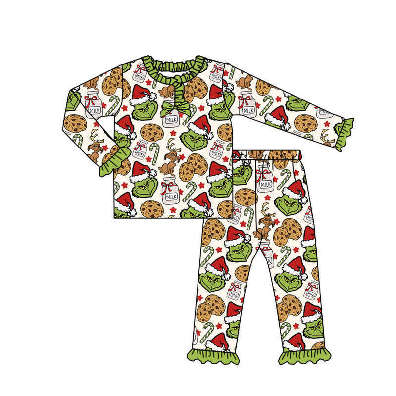 Green face cookie milk bow girls Christmas pajamas