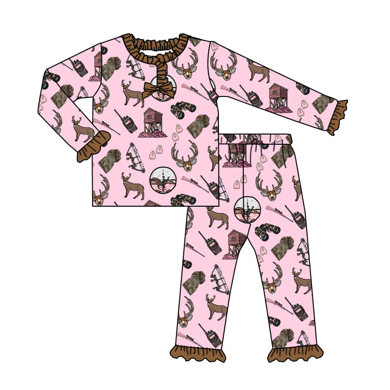Pink long sleeves hunting deer kids girls pajamas