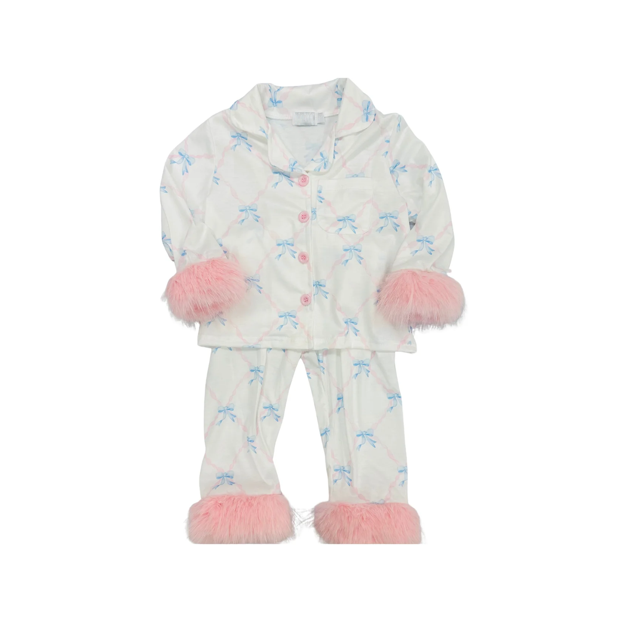 Bow fur long sleeves kids girls button down pajamas