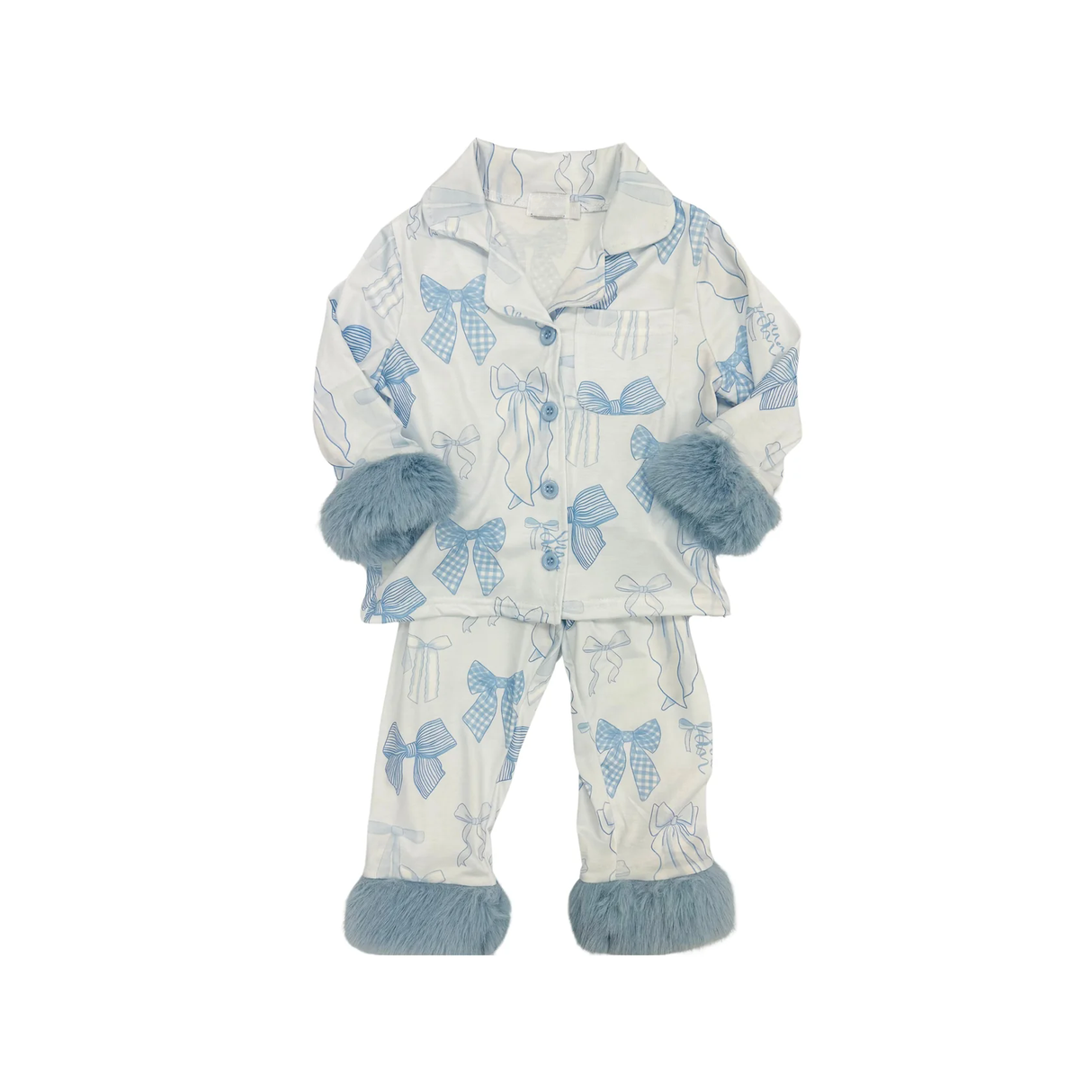 Light blue bow fur long sleeves girls button down pajamas
