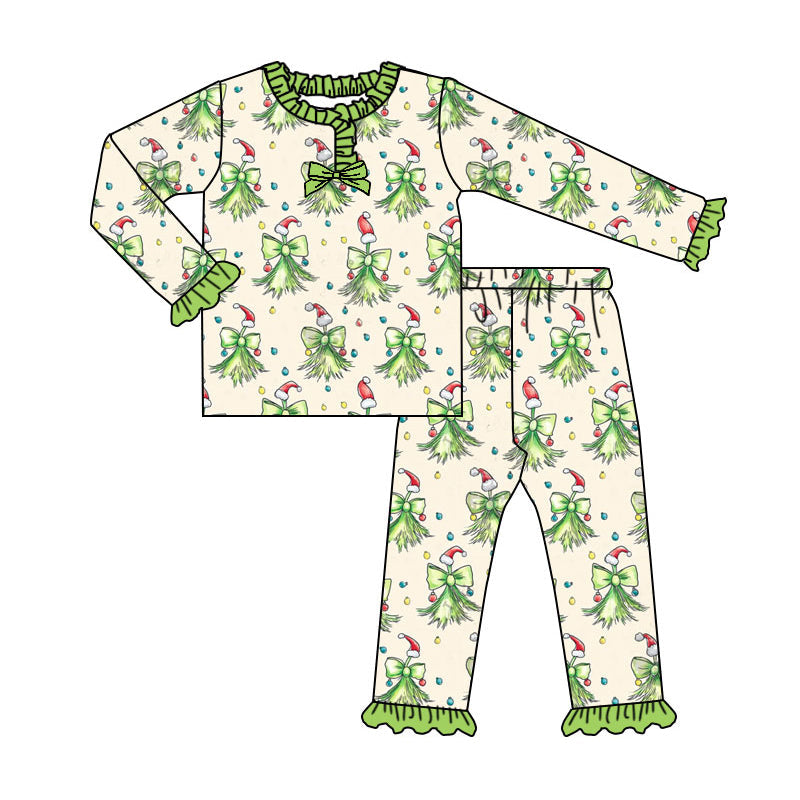 Long sleeves green face bows baby girls Christmas pajamas