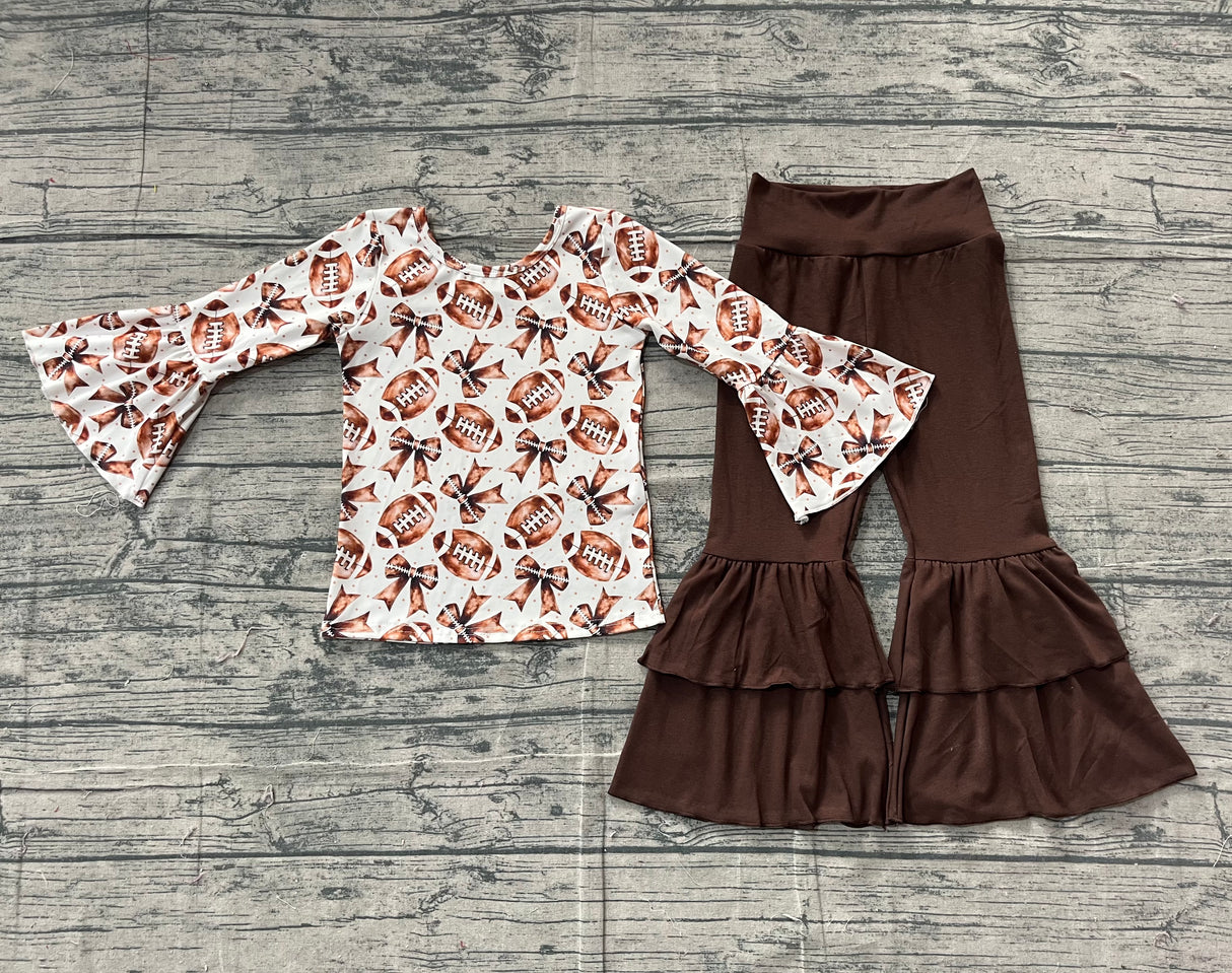 Football bows top brown bell bottom pants girls clothing
