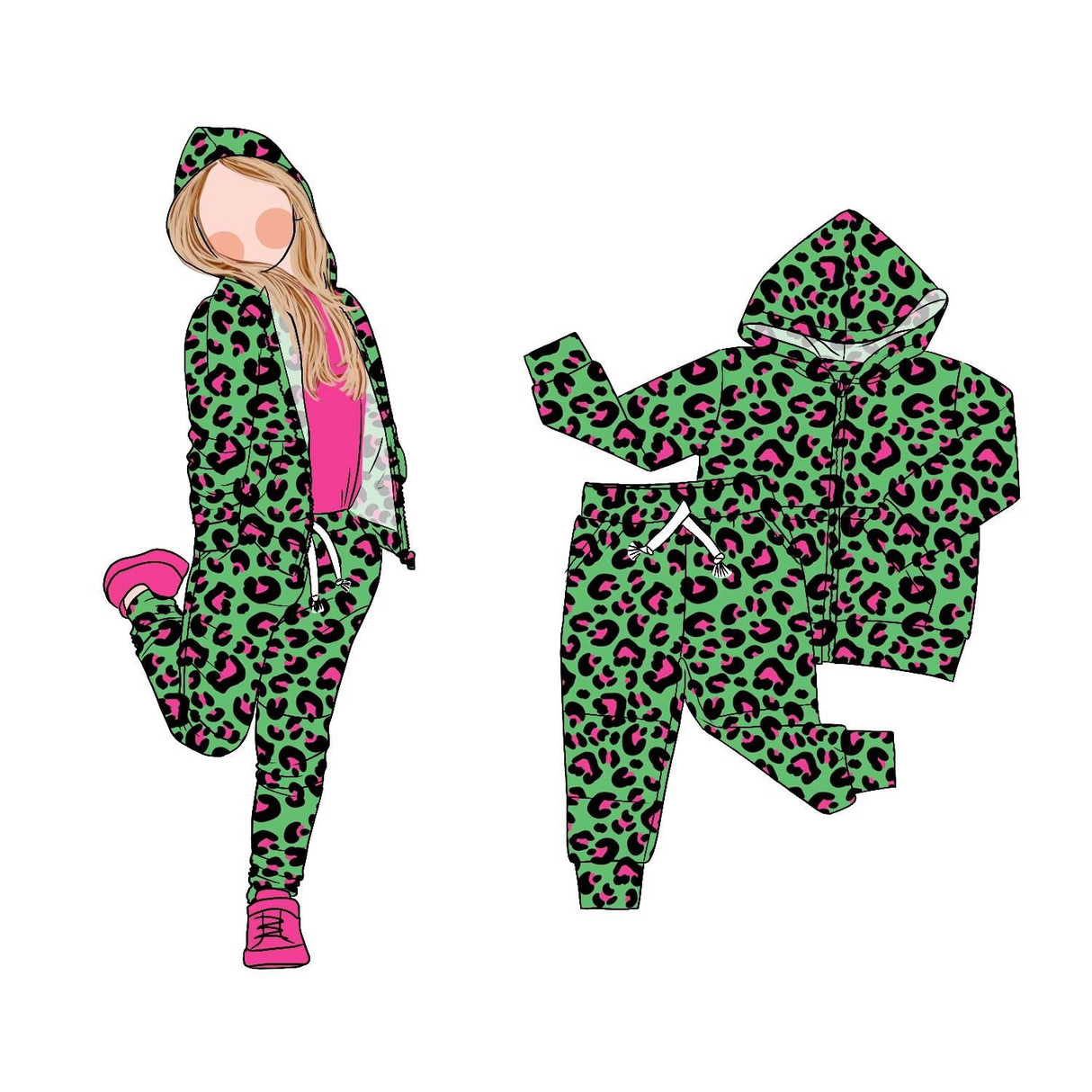Green leopard pocket zipper hooded jacket pants girls clothing