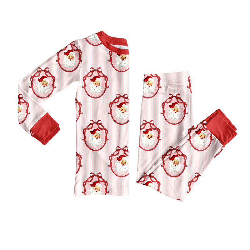 Long sleeves santa bow stripe kids girls Christmas pajamas