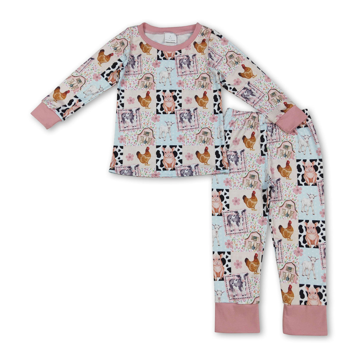 Long sleeves pig cow chicken floral girls farm pajamas