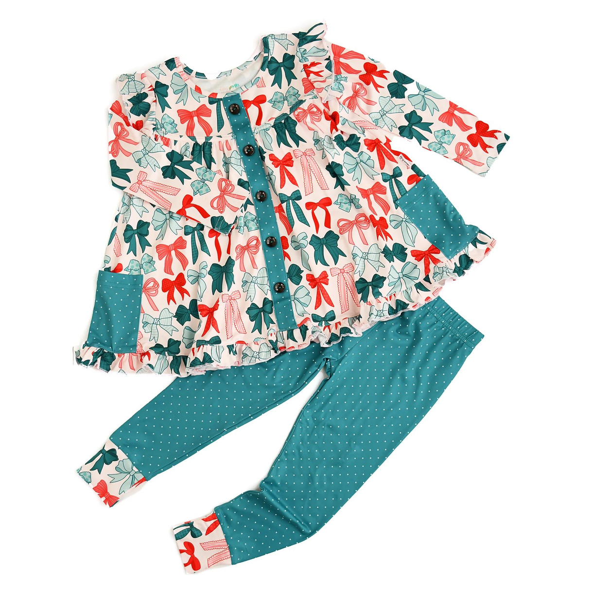 Long sleeves bows pocket tunic leggings girls Christmas set