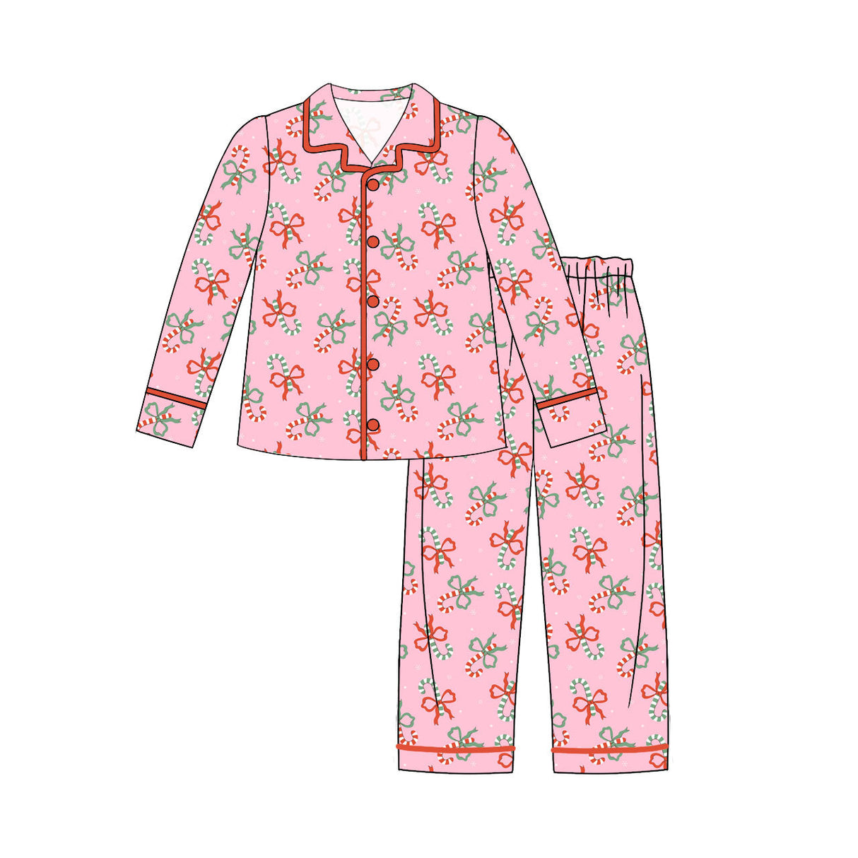 Candy cane bows women button down Christmas pajamas