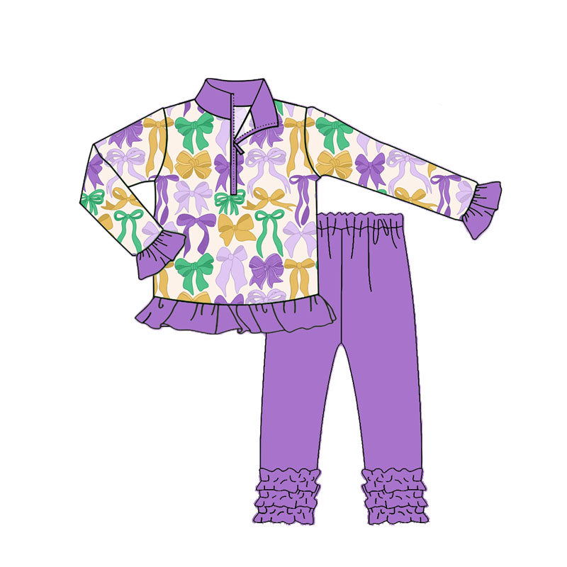 Purple green yellow bows pullover girls Mardi Gras set