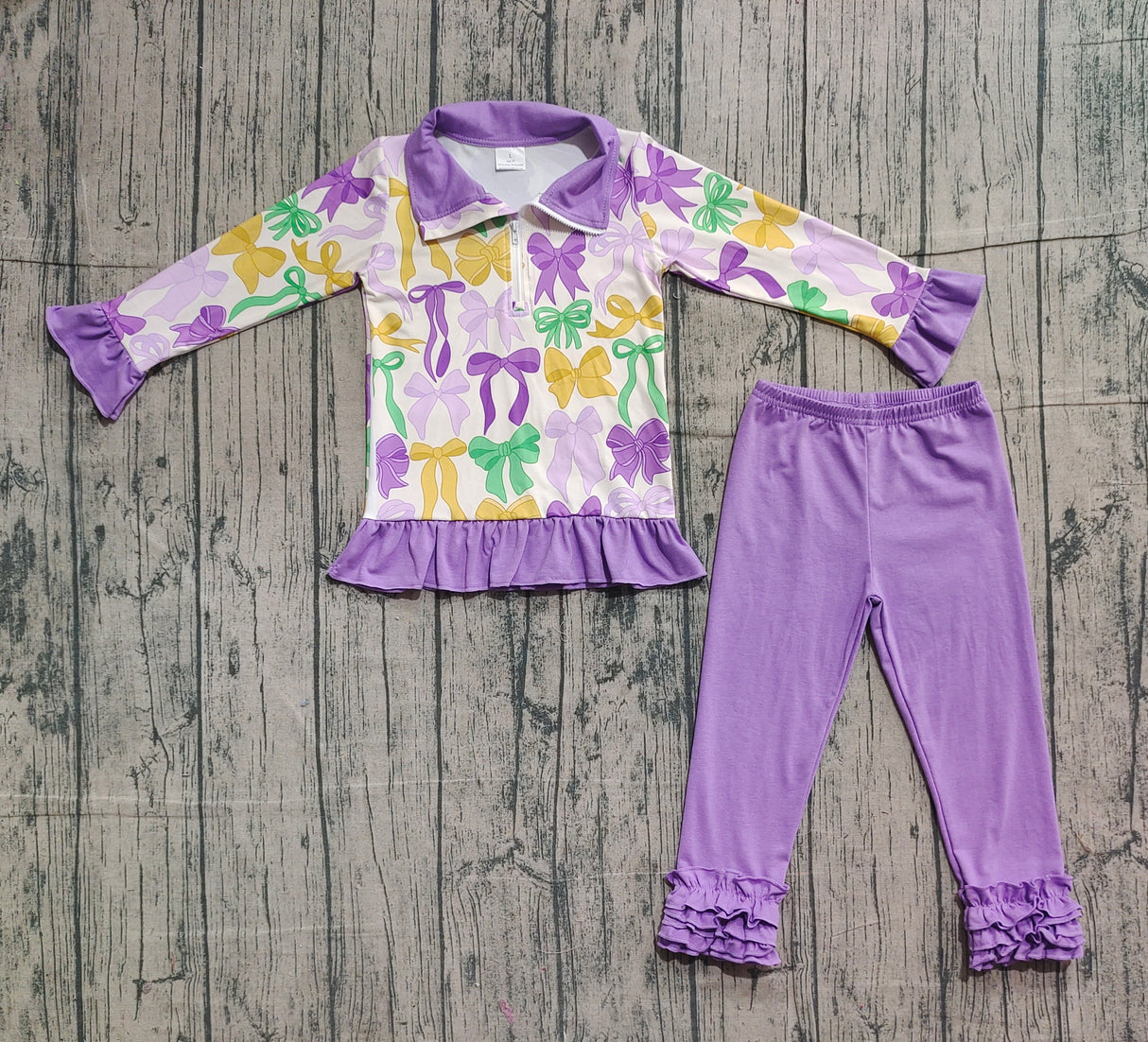 Purple green yellow bows pullover girls Mardi Gras set