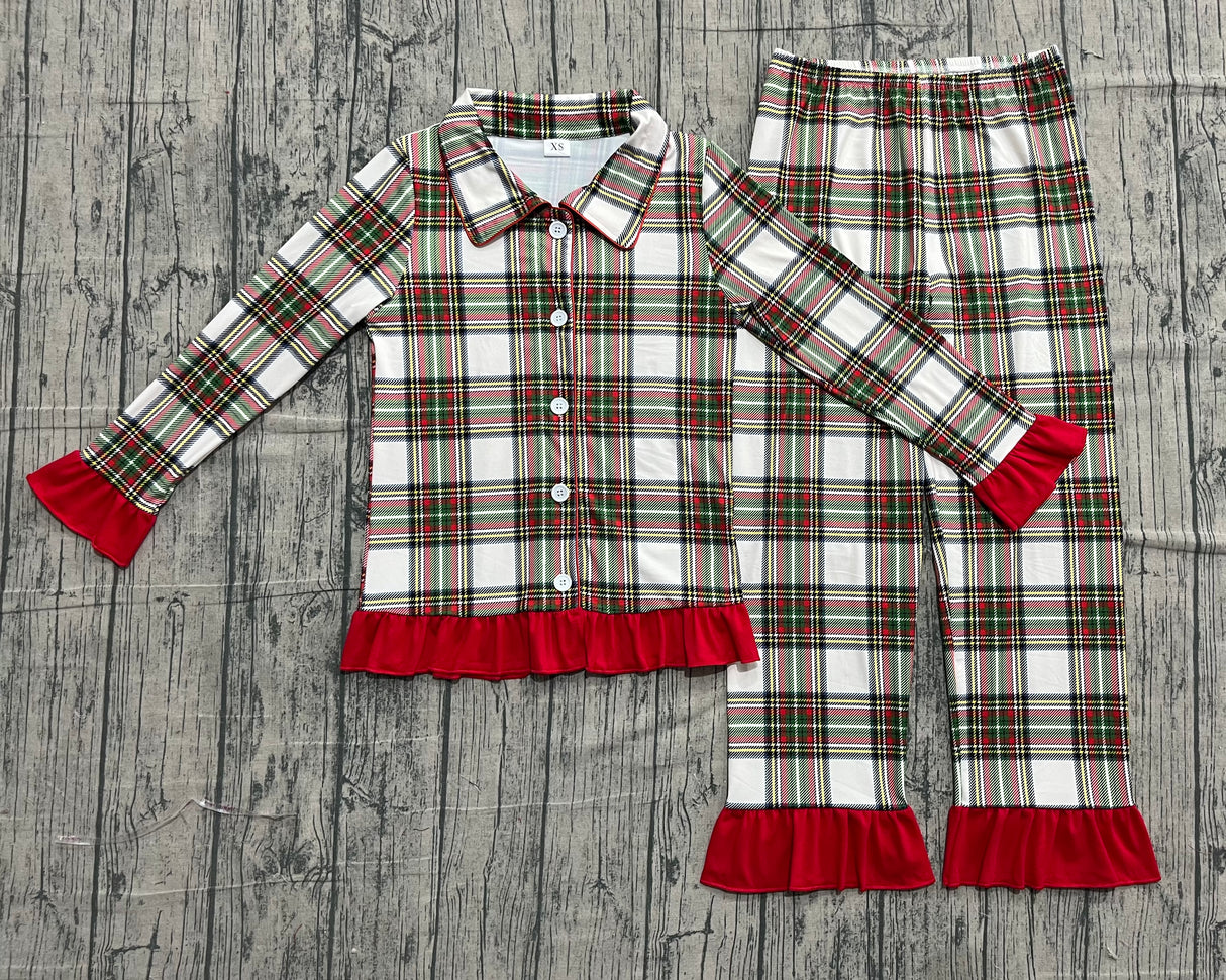 Ruffle red green plaid women button down Christmas pajamas