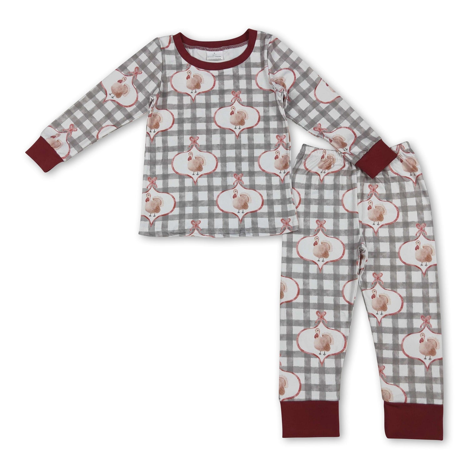 Long sleeves turkey plaid kids Christmas girl pajamas