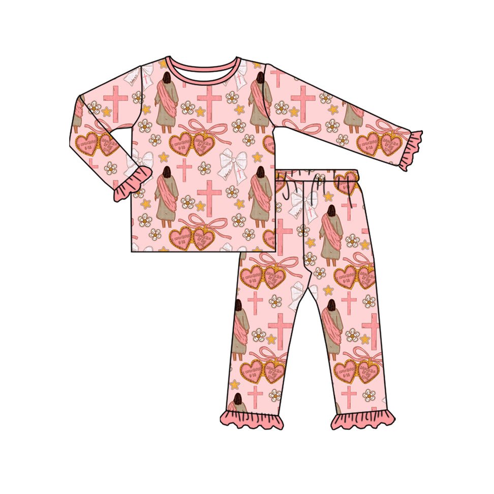 Long sleeves heart bow cross kids girls pajamas