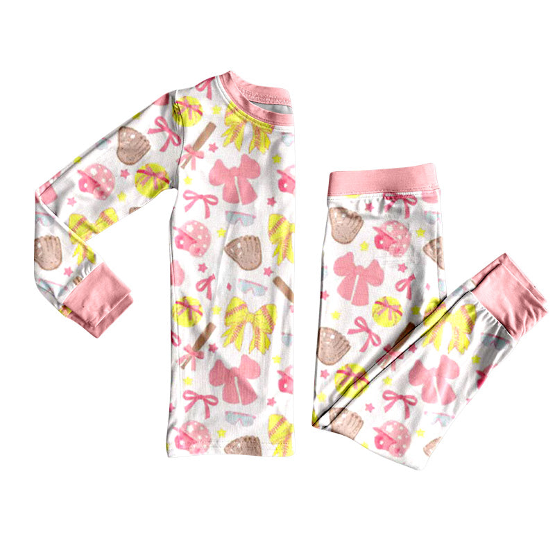 Pink bow long sleeves softball baby girls pajamas