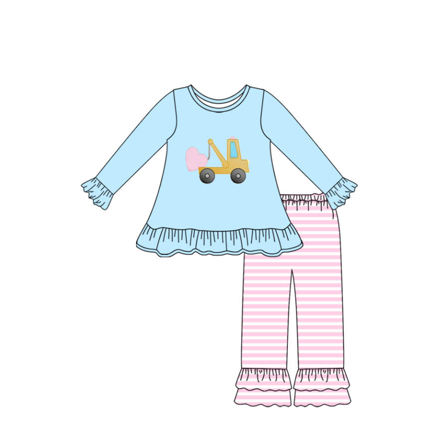 blue valentine tractor print pink stripe pants girls long sleeve outfits