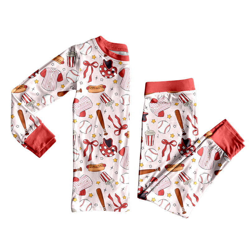 baseball bows print girls long sleeve set