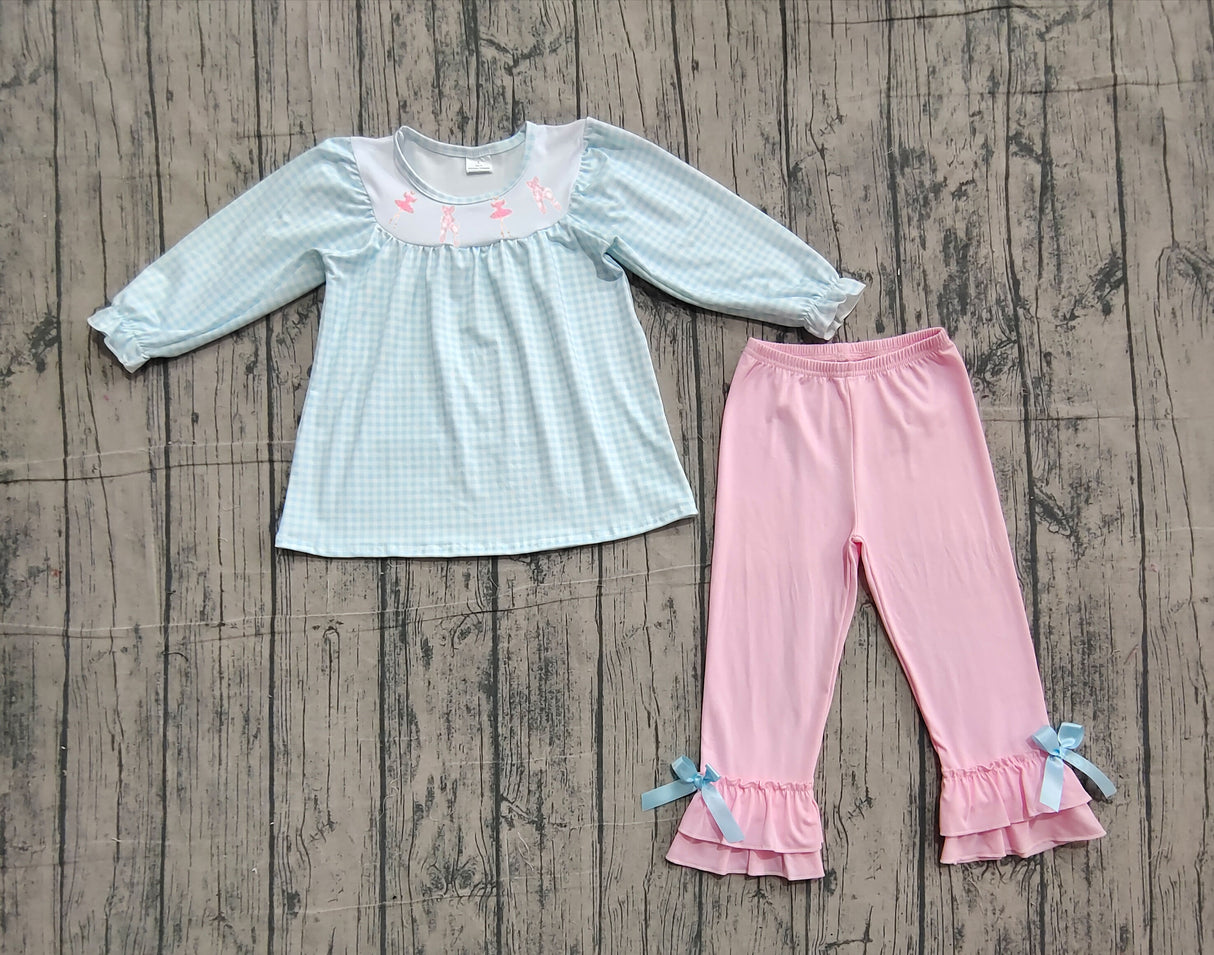 blue plaid print girls long sleeve set