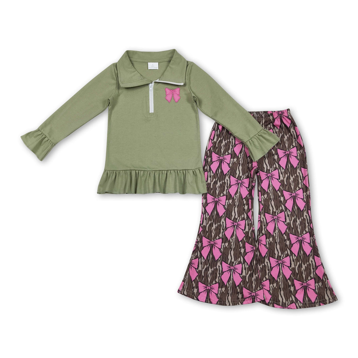 Pink bows pullover camo pants kids girls clothing set