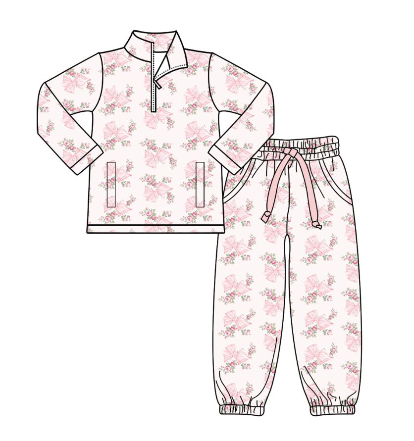 pink flowers bows girls pocket fall yoga pink set