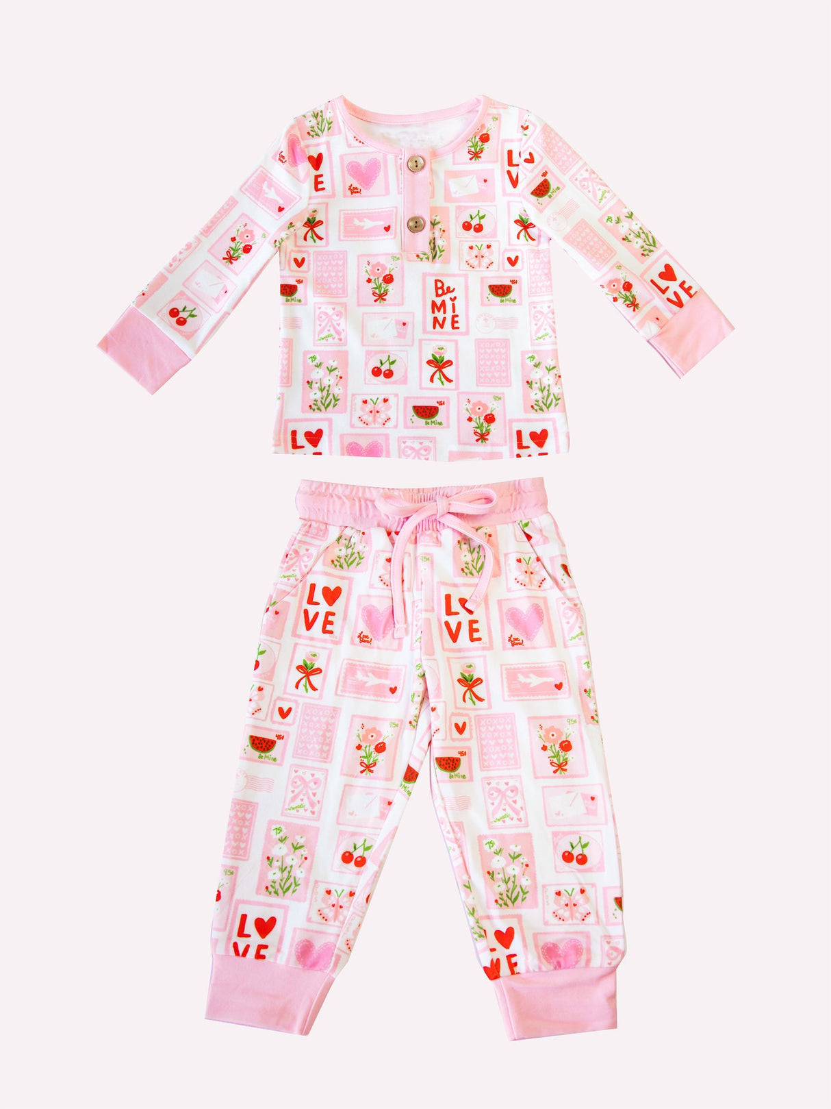 pink love pattern print girls long sleeve valentine set