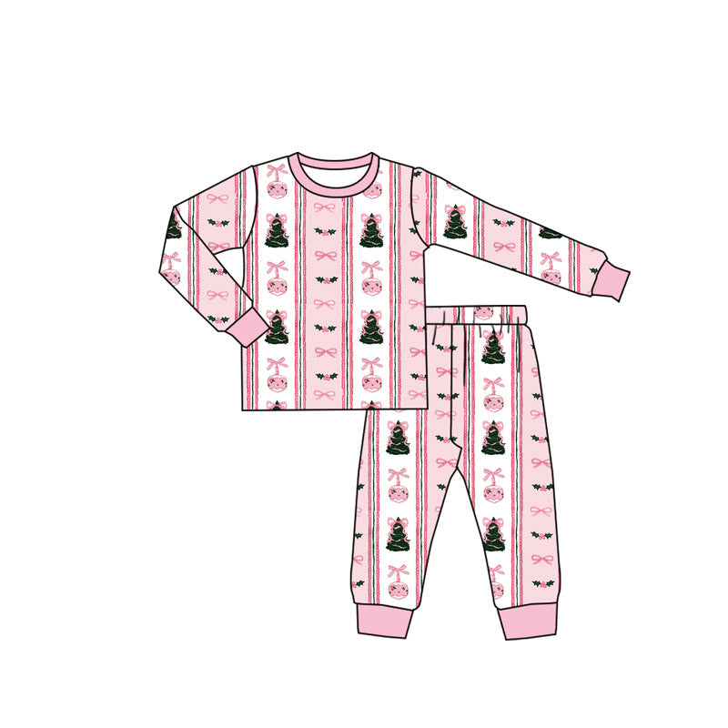pink bows christmas trees girl long sleeve pullover set