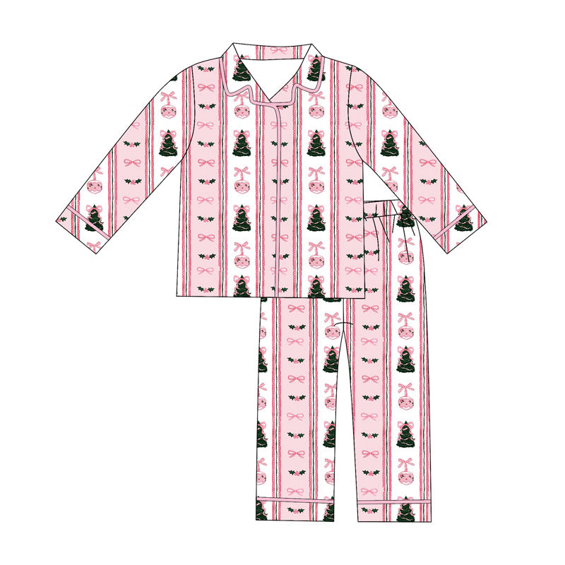 adult women pink bows christmas trees long sleeve pajamas set
