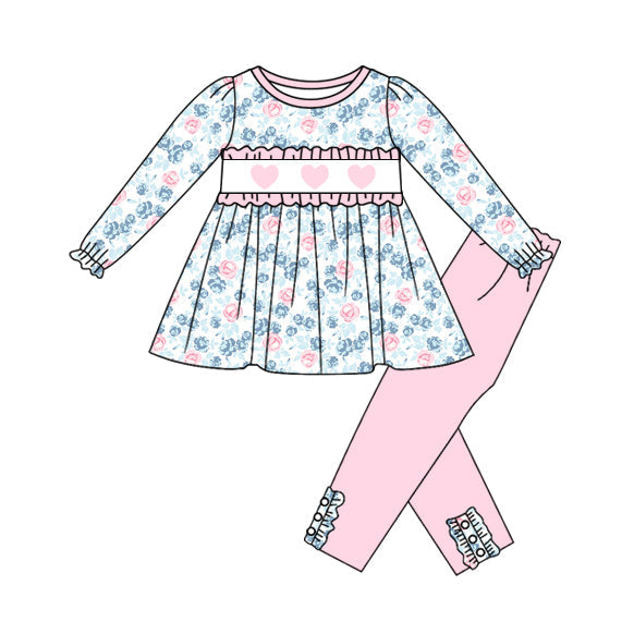 blue flowers pink heart print girl long sleeve set