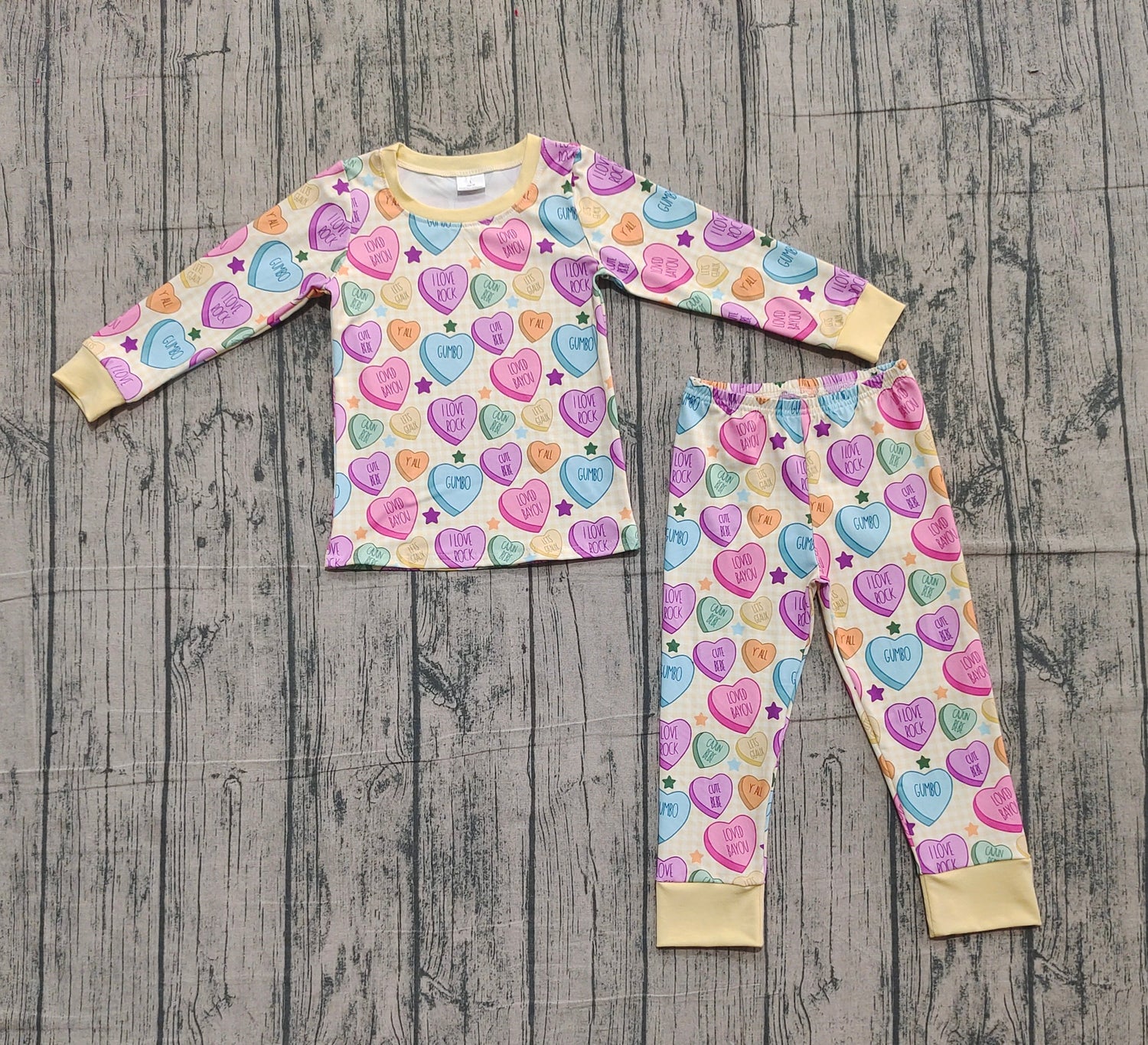 Yellow plaid stars heart kids girls Valentine's pajamas