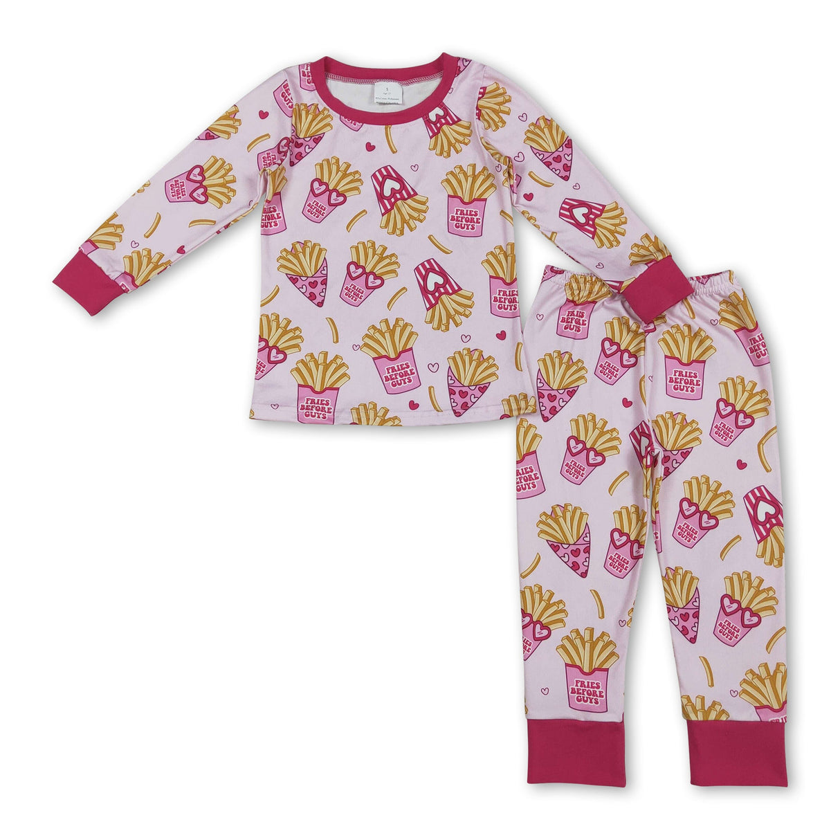 Heart fries long sleeves top pants kids girls Valentine's pajamas