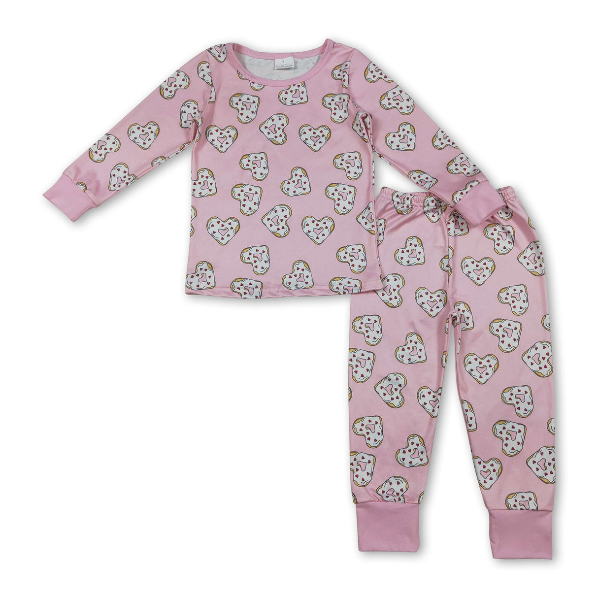 Long sleeves pink heart donuts kids girls Valentine's pajamas