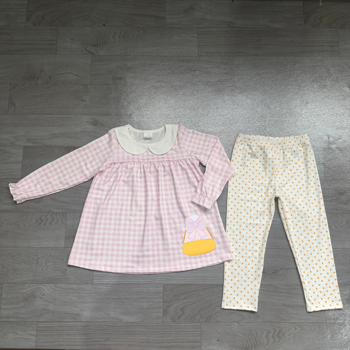 Plaid candy corn embroidery kids girls Halloween outfits