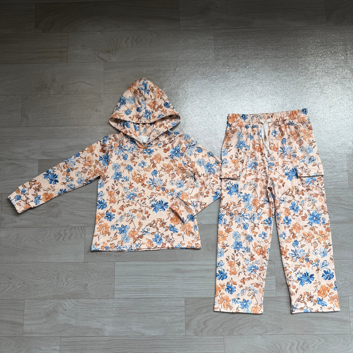 Long sleeves blue floral hoodie pants kids girls outfits