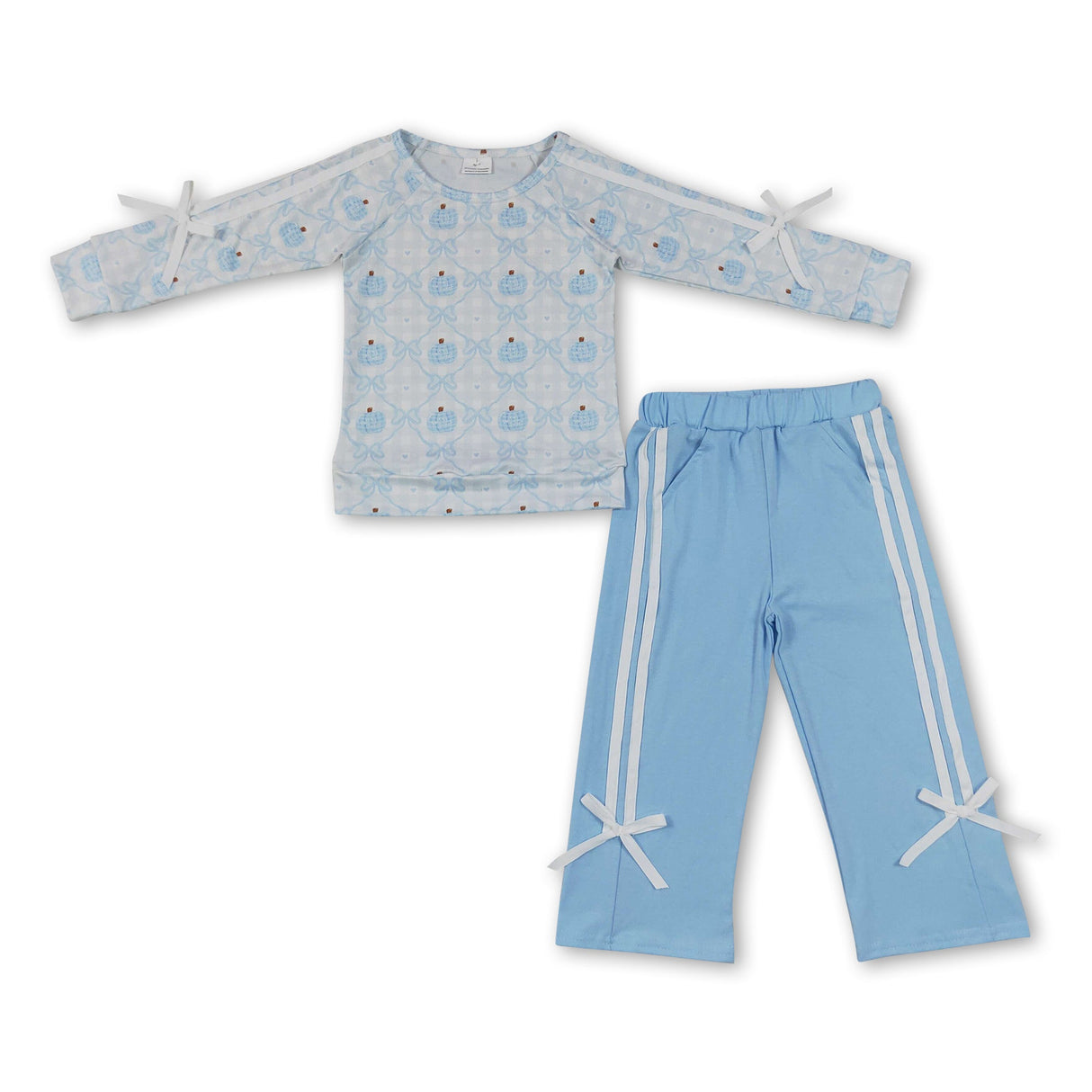 Light blue pumpkin bow top cotton pants girls fall outfit