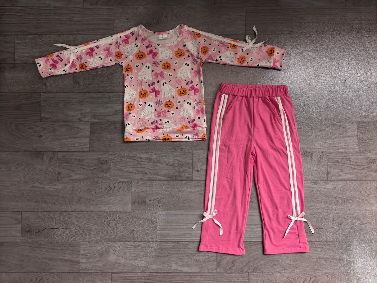 Ghost pumpkin bow top cotton pants girls Halloween set
