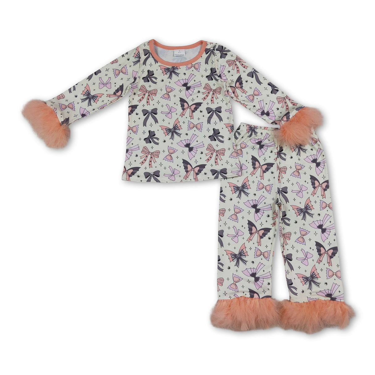 Pink black bow fur sleeves girls Halloween pajamas
