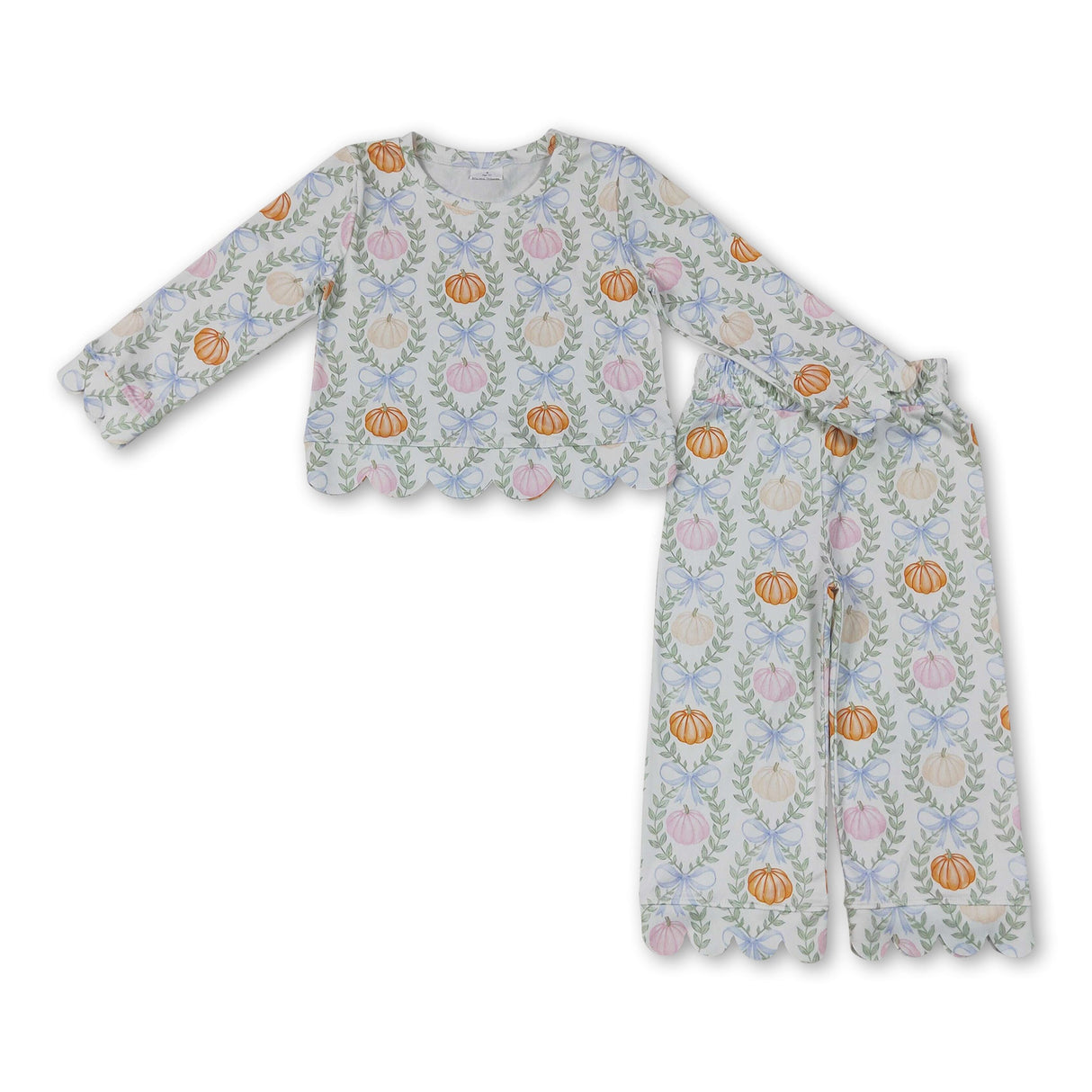 Long sleeves pumpkin floral bow scallop girls fall outfit