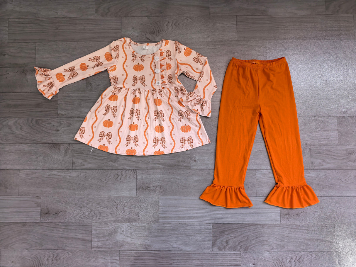 Pumpkin bow tunic ruffle pants girls fall clothing set